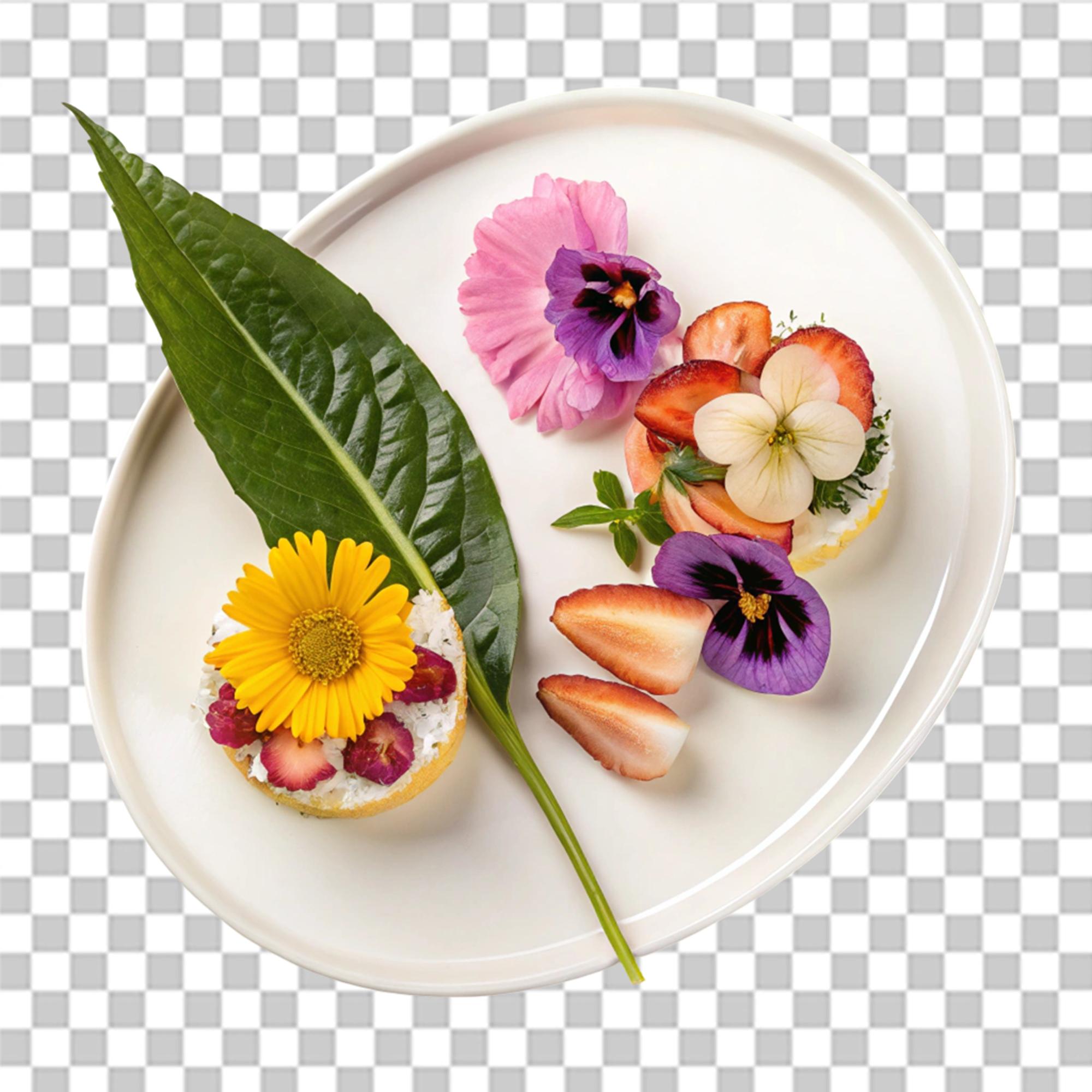Bright plated dessert with edible flowers